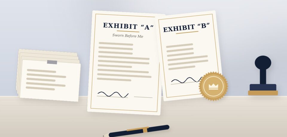 Affidavit with Exhibit A and Exhibit B pages, a stack of papers and a notary stamp