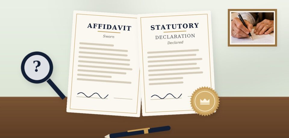 An affidavit and a statutory declaration side by side with a notary seal and magnifying glass