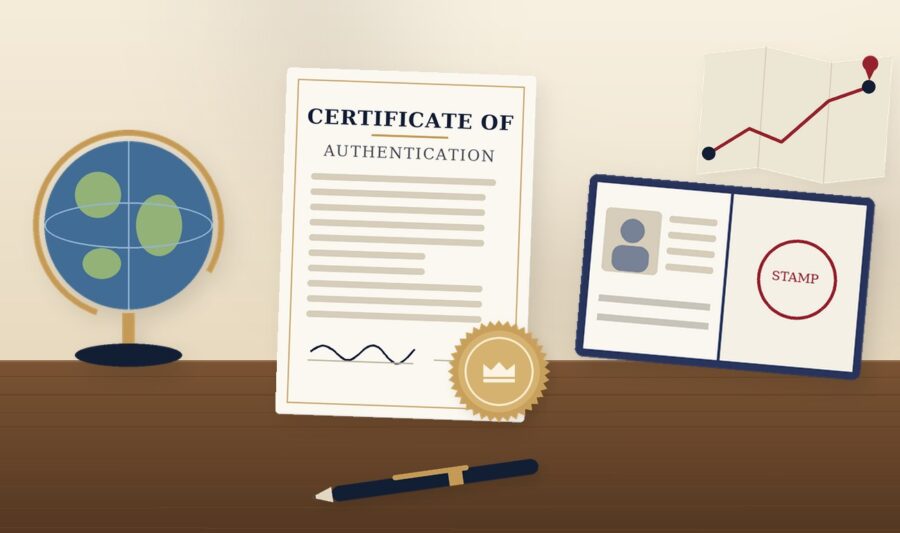 Certificate of authentication beside a globe, open passport and map