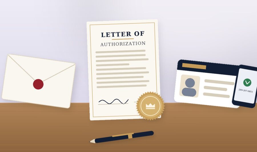 authorization letter notarized Notarized letter of authorization with an envelope, ID card and phone
