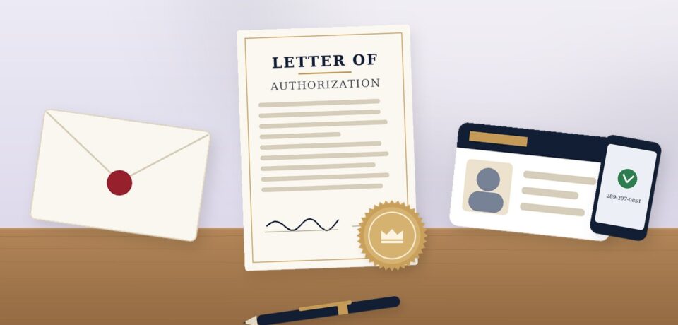 Notarized letter of authorization with an envelope, ID card and phone