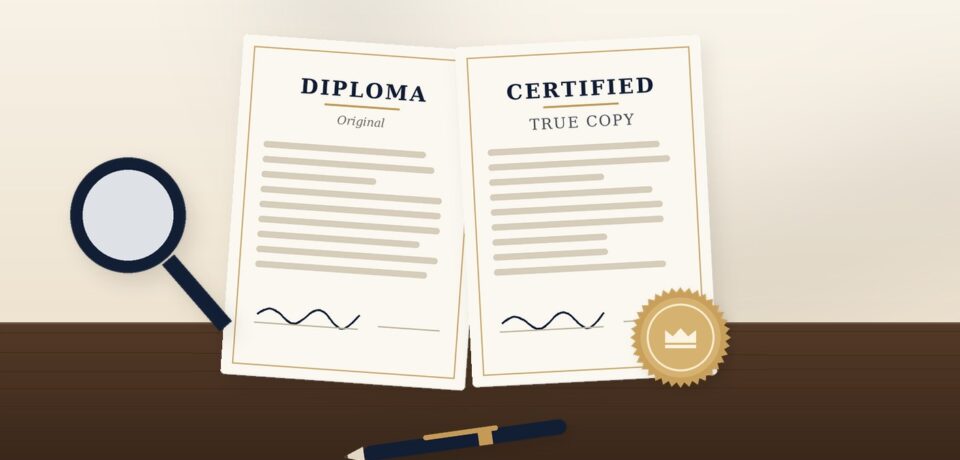 Original diploma beside a certified true copy with a notary seal