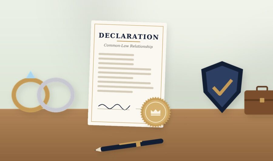 Common-law relationship declaration with wedding rings, a benefits shield and briefcase