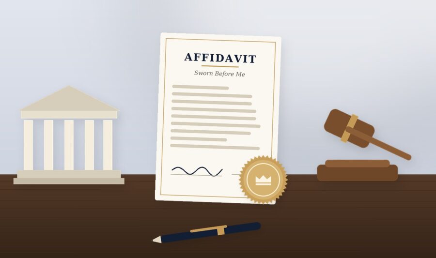 Affidavit sworn before a commissioner beside a courthouse and gavel