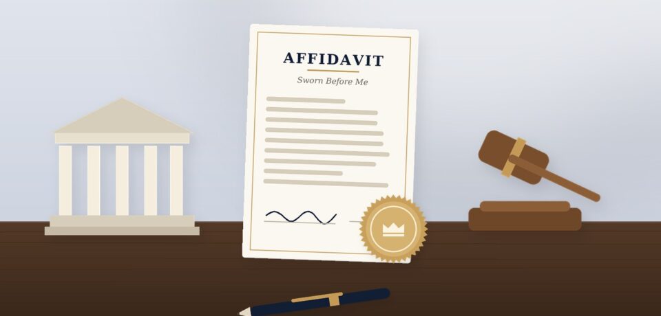 Affidavit sworn before a commissioner beside a courthouse and gavel
