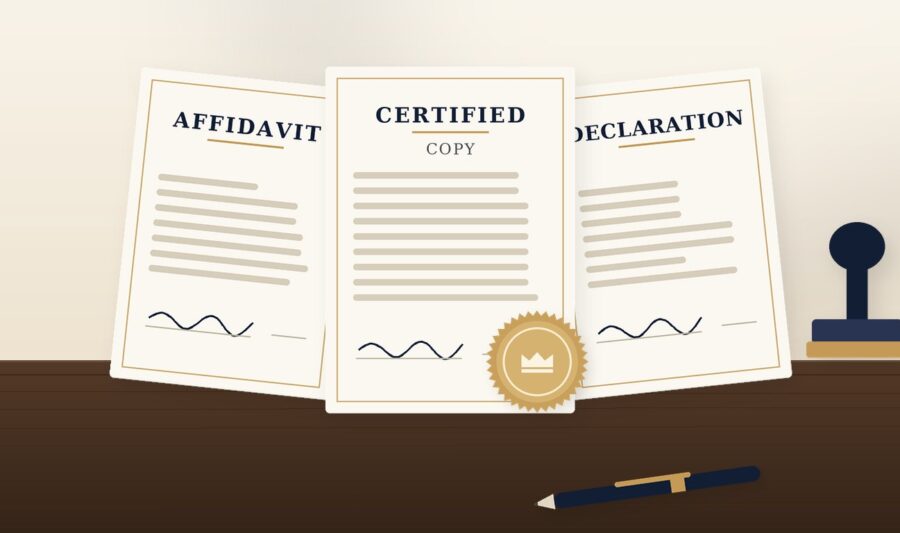 Affidavit, certified copy and declaration fanned out with a notary seal and stamp