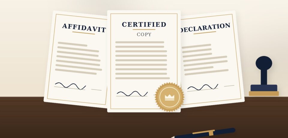 Affidavit, certified copy and declaration fanned out with a notary seal and stamp