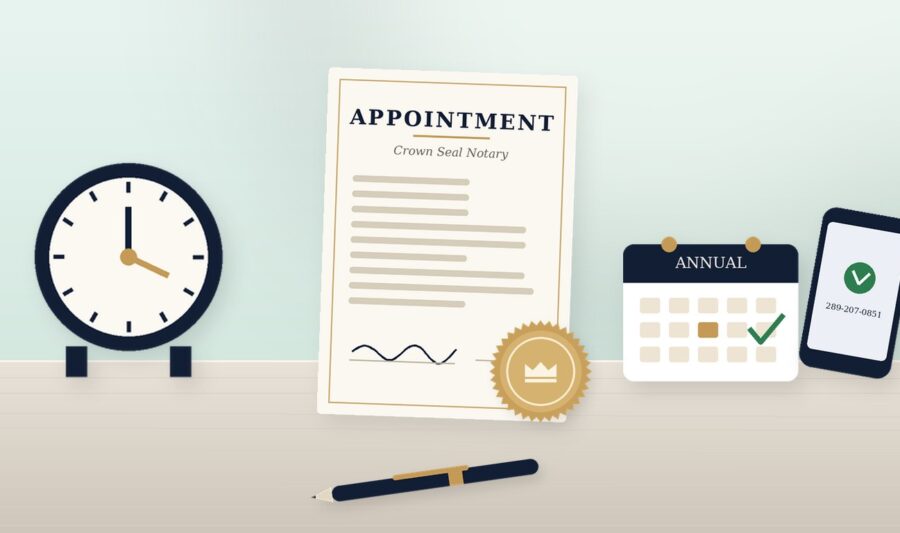 Notary appointment document with a clock, calendar and phone