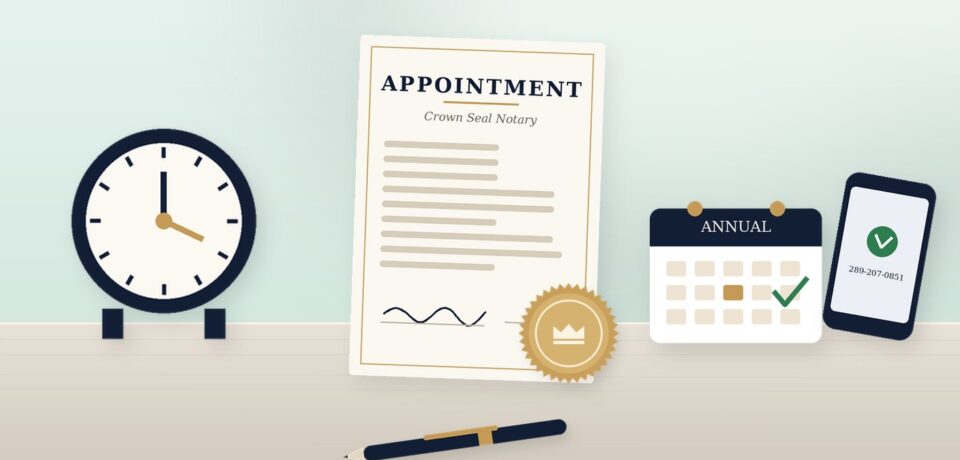 Notary appointment document with a clock, calendar and phone