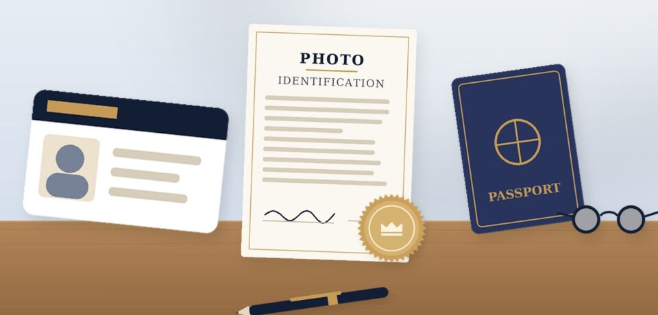 Photo identification checklist with an ID card, passport and glasses