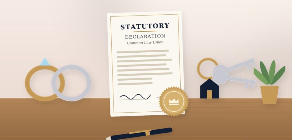 Statutory declaration of common-law union with rings, house keys and a plant