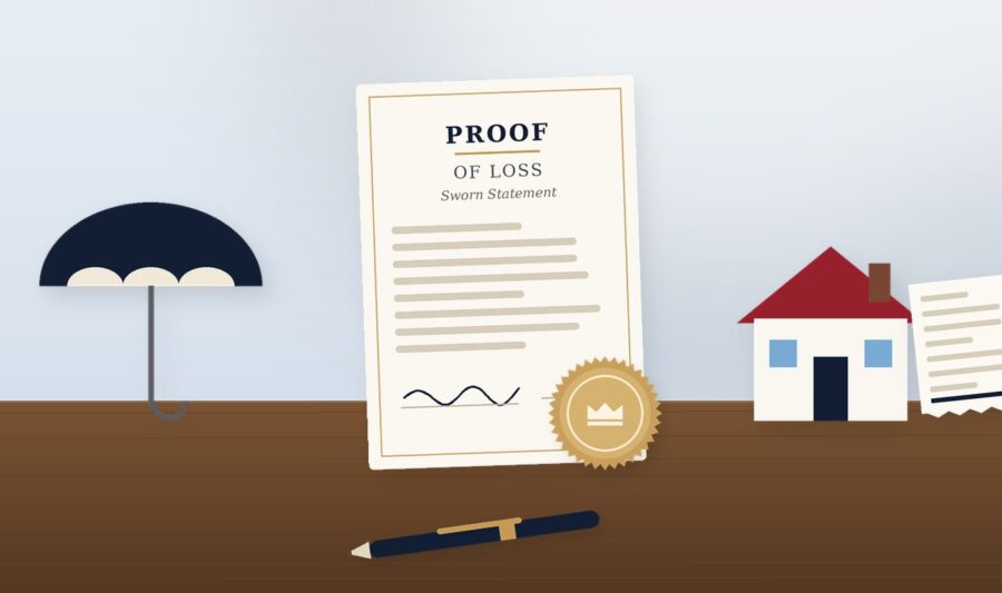 Sworn proof of loss statement with an umbrella, house and receipt