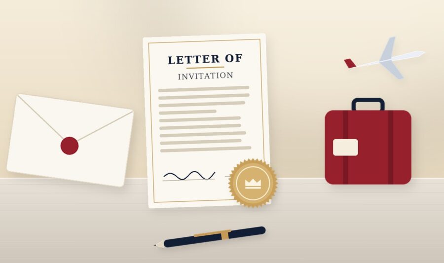 Letter of invitation to Canada with an envelope, suitcase and airplane