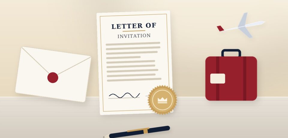 Letter of invitation to Canada with an envelope, suitcase and airplane