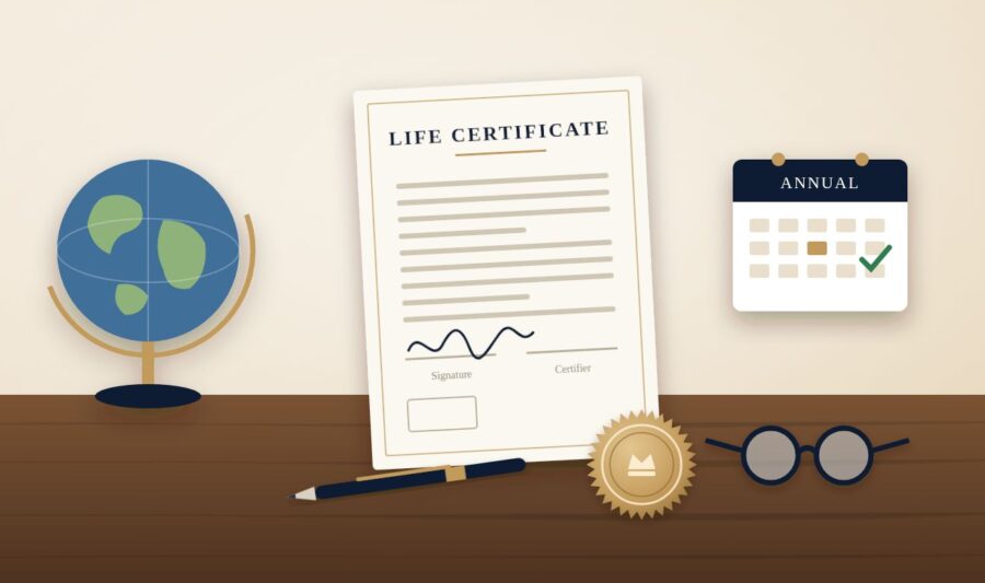 Life certificate form with a notary seal, globe, calendar and pen on a desk