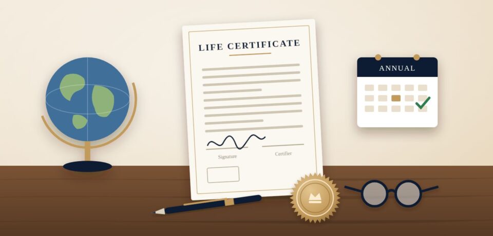 Life certificate form with a notary seal, globe, calendar and pen on a desk