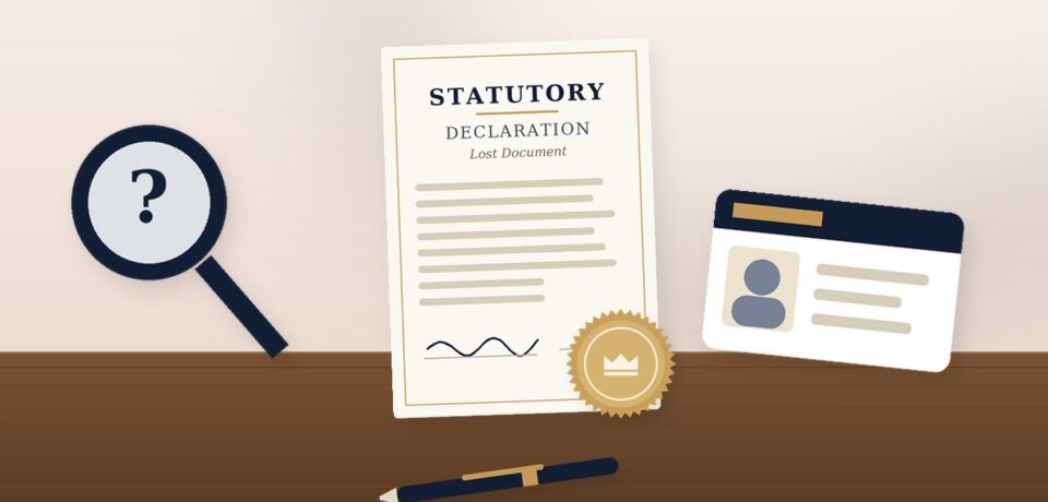 Statutory declaration for a lost document with a magnifying glass and ID card