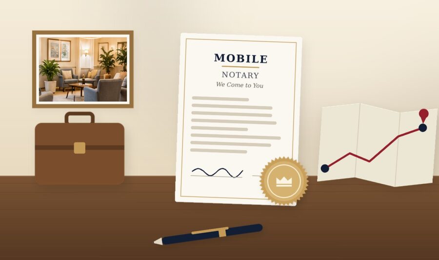 Mobile notary document with a briefcase, route map and framed care home lounge photo