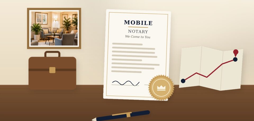 Mobile notary document with a briefcase, route map and framed care home lounge photo