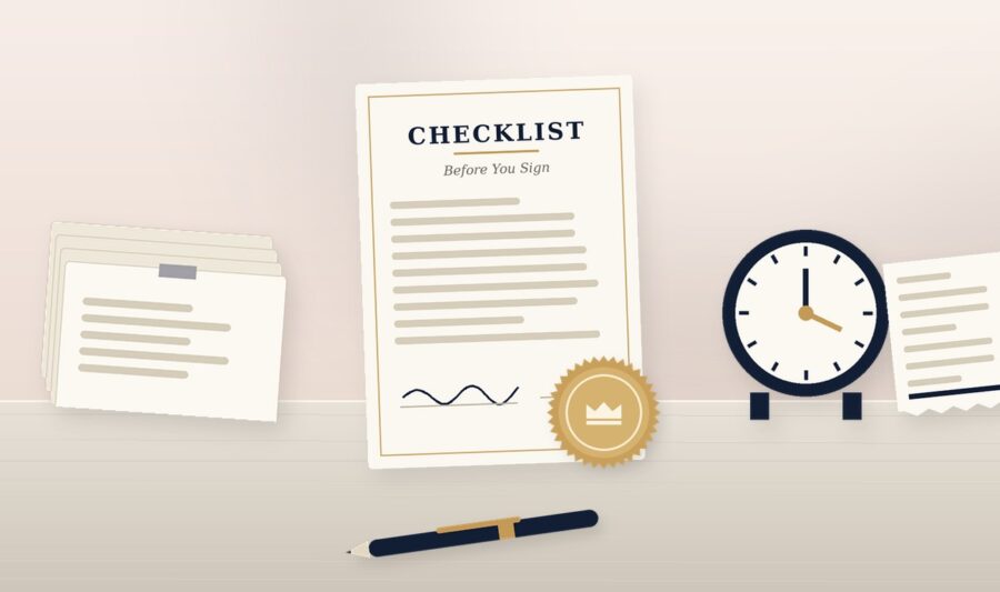Notarization checklist with papers, a clock and receipt