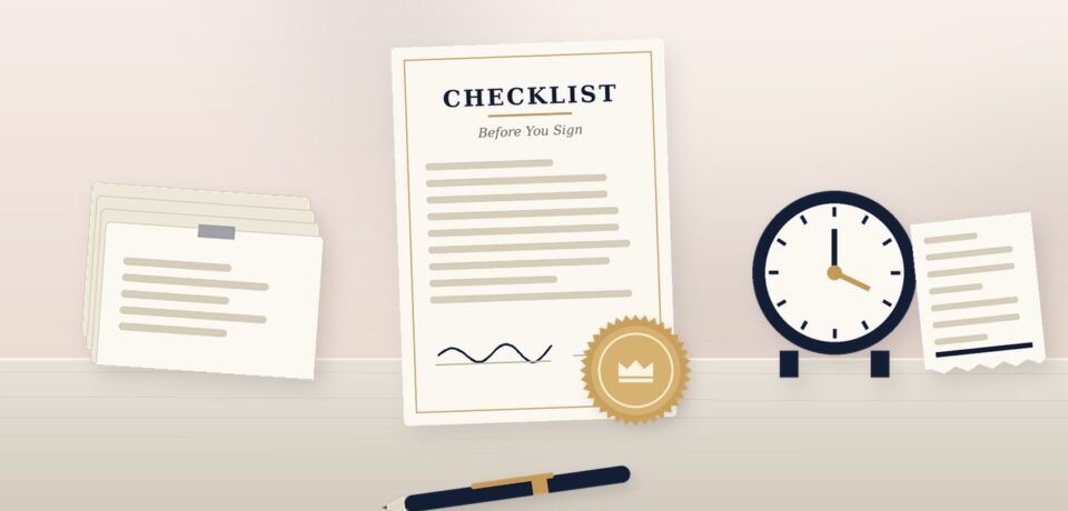 Notarization checklist with papers, a clock and receipt