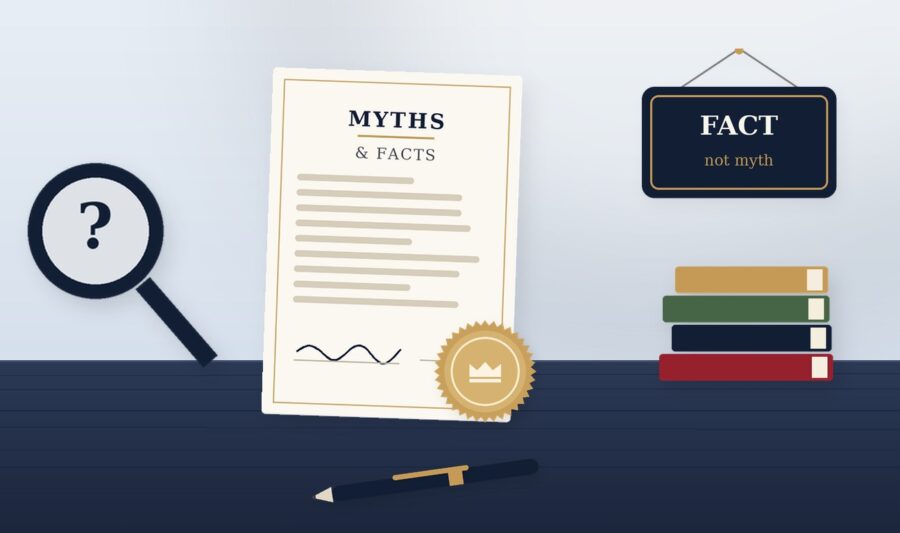 Notary myths and facts document with a magnifying glass, books and fact sign