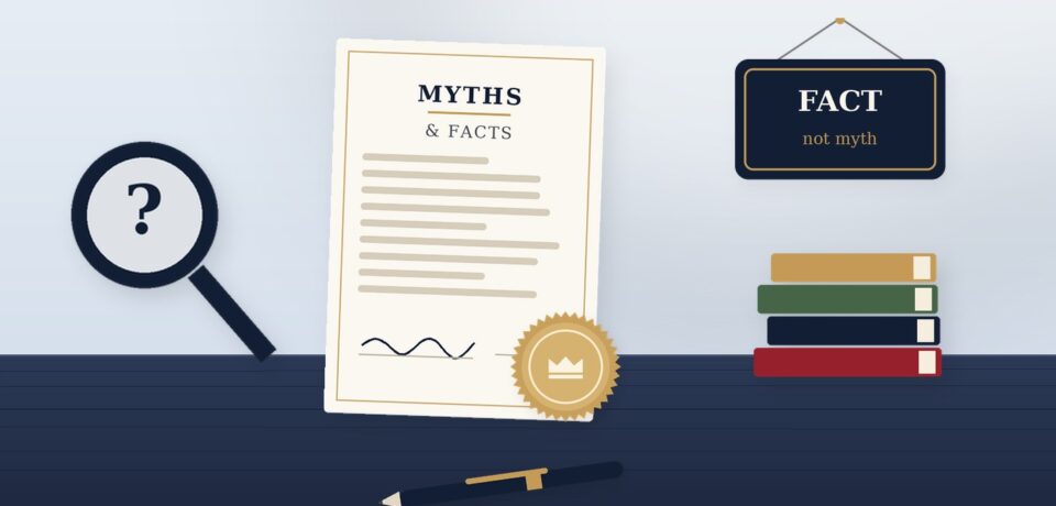 Notary myths and facts document with a magnifying glass, books and fact sign