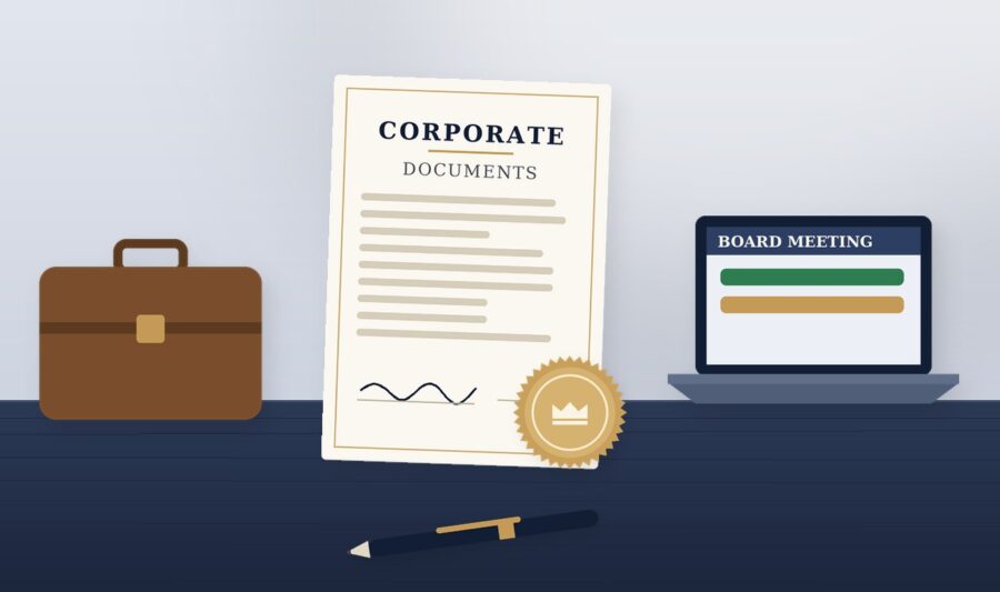 Corporate documents with a briefcase and laptop