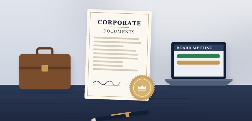Corporate documents with a briefcase and laptop