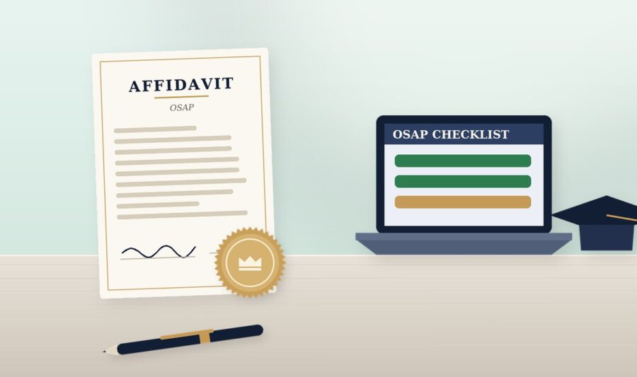 osap affidavit hamilton OSAP affidavit beside a laptop showing a checklist and a graduation cap