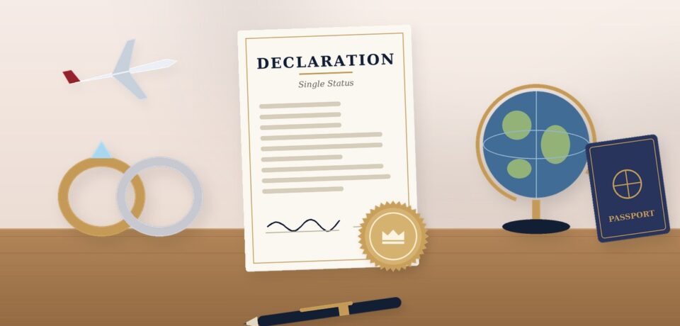 Declaration of single status with wedding rings, globe and passport