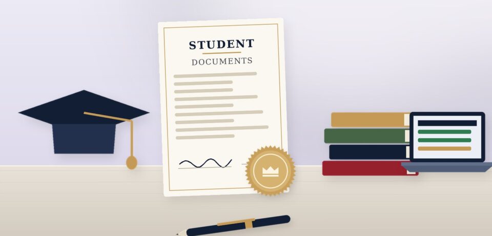 Student documents with a graduation cap, books and laptop