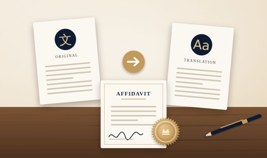 Original document and English translation with a sworn translator affidavit and notary seal