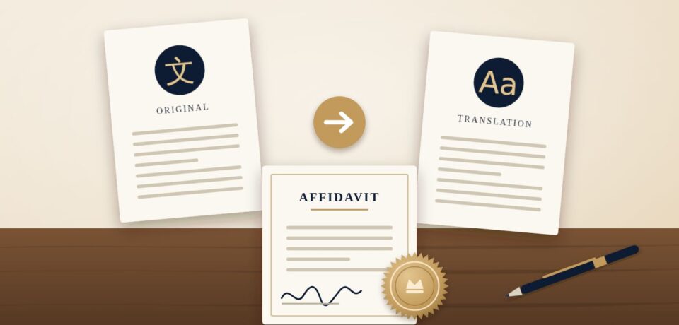Original document and English translation with a sworn translator affidavit and notary seal
