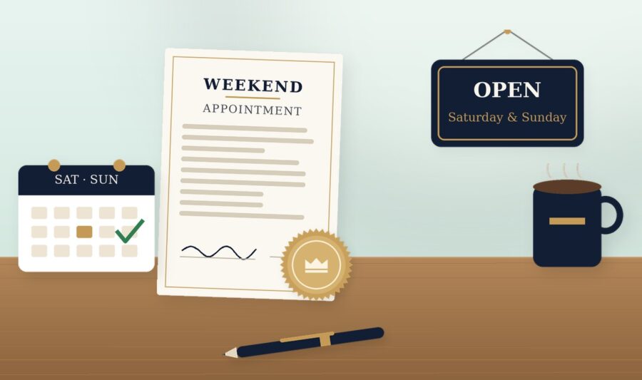 weekend notary hamilton Weekend appointment document with an open sign, calendar and coffee mug