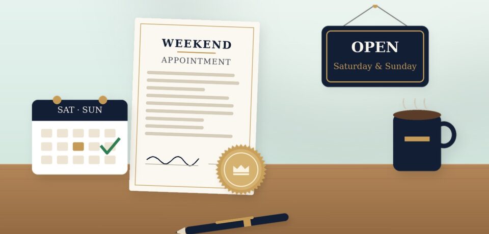 Weekend appointment document with an open sign, calendar and coffee mug