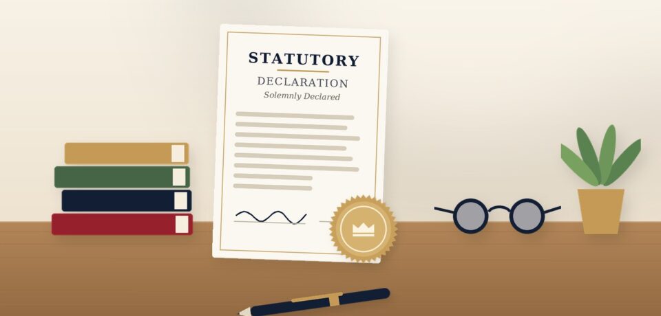 Statutory declaration with books, reading glasses and a plant