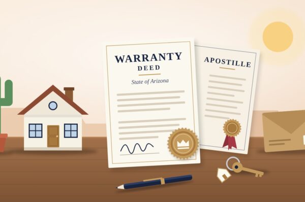 arizona-closing-documents-notary-apostille-ontario Arizona warranty deed and an apostille with a house, saguaro cactus, keys and courier envelope