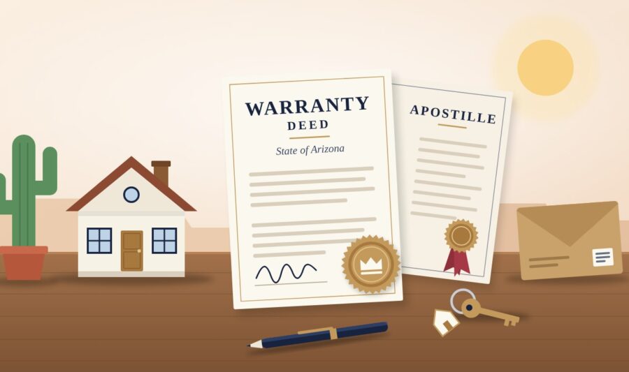 Arizona warranty deed and an apostille with a house, saguaro cactus, keys and courier envelope