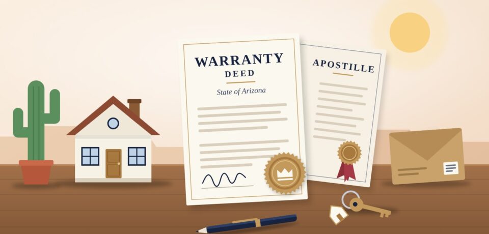 Arizona warranty deed and an apostille with a house, saguaro cactus, keys and courier envelope