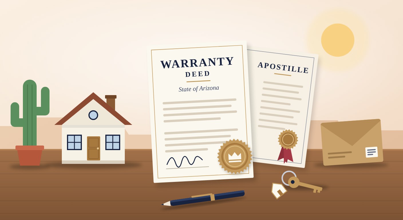 Arizona warranty deed and an apostille with a house, saguaro cactus, keys and courier envelope