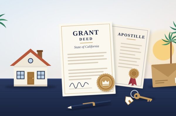california-closing-documents-notary-apostille-ontario California grant deed and an apostille with a house, palm trees, keys and courier envelope