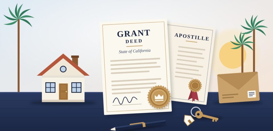 California grant deed and an apostille with a house, palm trees, keys and courier envelope
