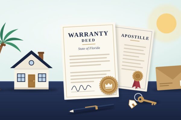 florida-closing-documents-notary-apostille-ontario Florida warranty deed and an apostille with a house, palm tree, keys and courier envelope