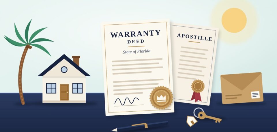 Florida warranty deed and an apostille with a house, palm tree, keys and courier envelope