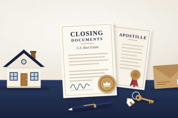 us-real-estate-closing-documents-ontario U.S. real estate closing documents and an apostille with a house, keys and courier envelope